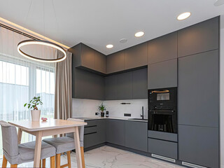 Modern luxury kitchen interior in minimal scandinavian style, 3d render