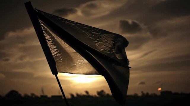 White flag waves gently in the sunset sky, symbolizing peace and hope. Torn fabric flutters in the wind, embodying freedom and patriotism. Serene nature at dusk offers a hopeful background