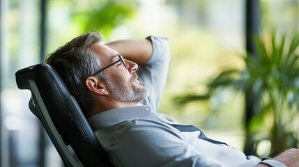 A businessman takes a break during his workday by leaning back in his ergonomic chair. He puts his hands behind his head and enjoys the comfort and fresh air. He is free of stress and fatigue,
