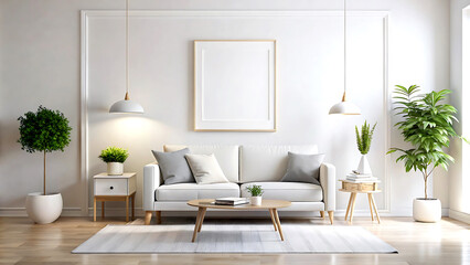 Fototapeta premium Home mockup, minimalist room interior with retro furniture, 3d render, white Mock up frame