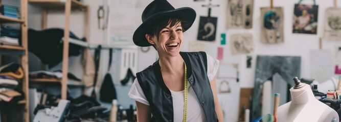 entrepreneurial designer in her fashion and sewing workshop