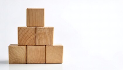 Stacked pyramid of wooden blocks. 3d wood cube block with timber surface for baby game, school child tower build games alphabet education, wooden cubes square brick. Isolated on white background