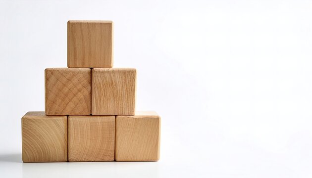 Stacked pyramid of wooden blocks. 3d wood cube block with timber surface for baby game, school child tower build games alphabet education, wooden cubes square brick. Isolated on white background
