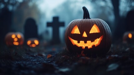 Fototapeta premium Spooky Halloween Scene with Jack-o'-Lanterns in Cemetery