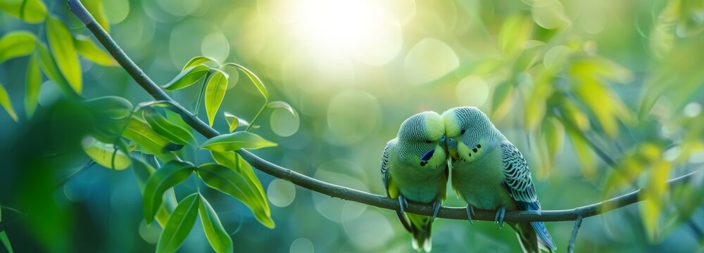 couple of parakeets or parrots hugging on the branch of a tree in a natural green background