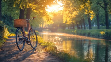 Obraz premium A Bicycle Leans on a Path by a Canal at Sunset