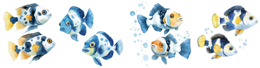 Fototapeta premium Colorful Cartoon Fish Illustrations for Aquatic Themes, isolated on transparent background.