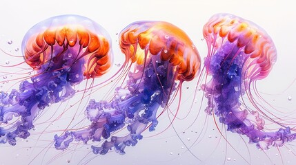 Fototapeta premium Three colorful jellyfish gracefully floating in a serene underwater setting.