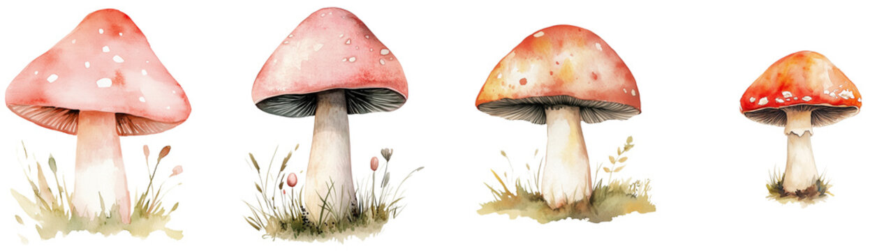 Charming Watercolor Mushrooms in Various Styles, isolated on transparent background.