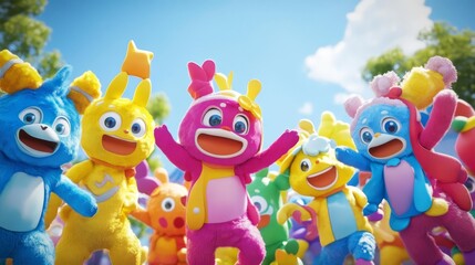 Fototapeta premium Colorful and cheerful plush toys celebrating happiness in a vibrant outdoor setting, perfect for playful and joyful themes.