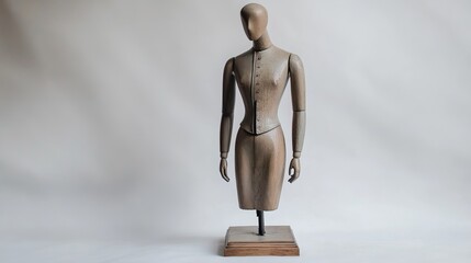 A mannequin commonly used by tailors, standing upright on a base, presented in isolation against a white backdrop. 