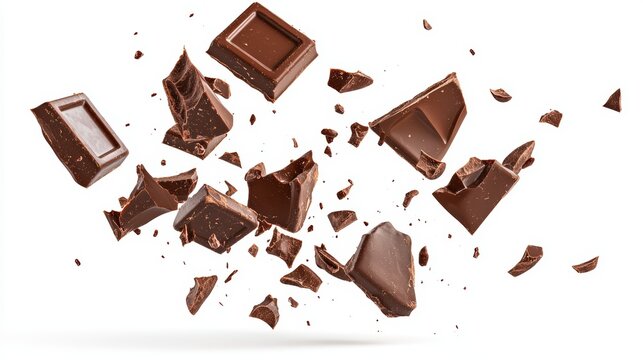 Falling chocolate chunks, dynamic action shot, high-detail 3D illustration, realistic textures, isolated on white background