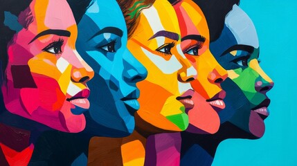 Colorful portrait artwork representing diverse women's faces.