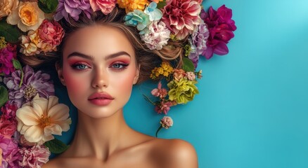 Beautiful woman with flowers in her hair, with a background of various colors and large, colorful flower heads on her head with a blue background. 