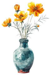 Naklejka premium PNG Vase flower watercolor art painting yellow.