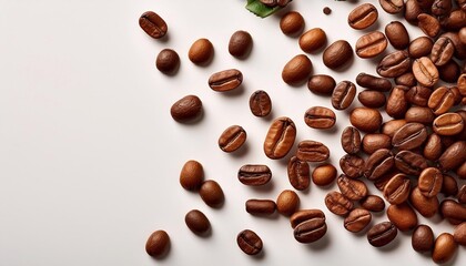 Obraz premium coffee beans scattered on a light background with space for text