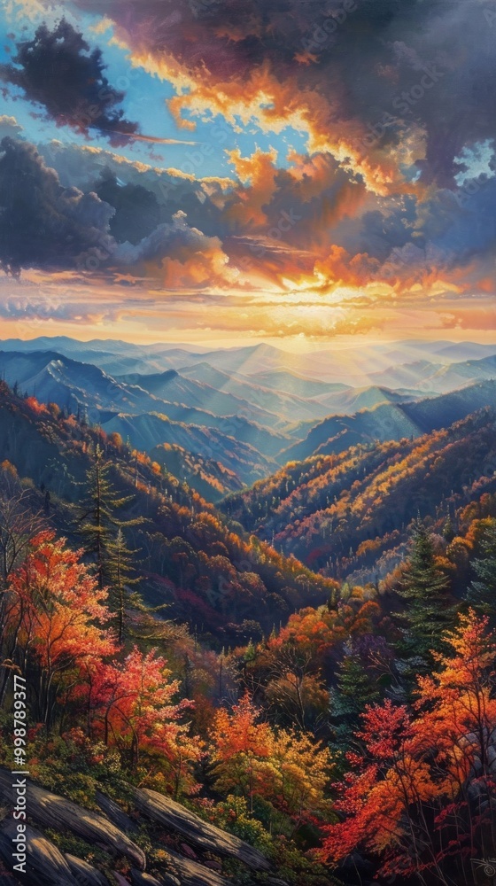 Poster a painting of a mountain range with a sunset in the background