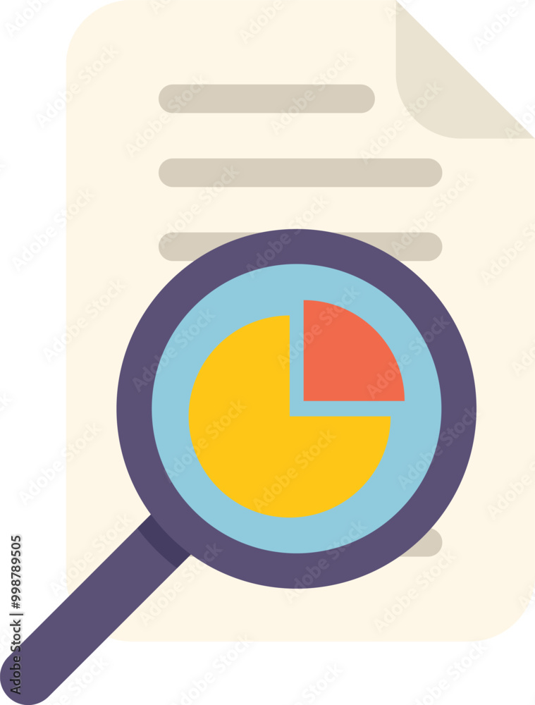 Wall mural magnifying glass is analyzing a pie chart over a document, representing the concept of data analysis