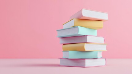 Stack of colorful books arranged against a pink background, highlighting education, knowledge, and learning.