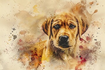 A close-up of a golden retriever puppy illustrated with watercolor splashes, showcasing its sweet, inquisitive expression.