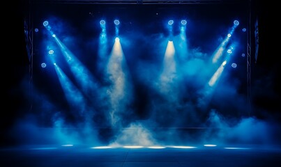 illuminated stage with blue lights and smoke on black background, generative ai