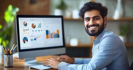 Obraz premium businessman working on a computer with a graph and chart at the office, depicting a business data analysis concept.