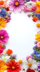Fototapeta premium Colorful flowers all around with white background and a large space for text in the middle.