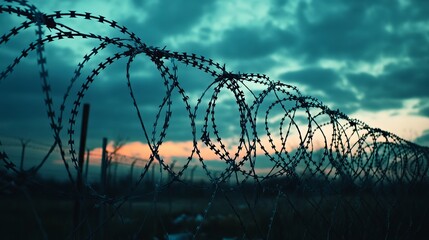 Amidst the twilight's embrace, a barrier of wire ensnares refugees. Broken spikes symbolize a transformative escape, bridging the gap between servitude and freedom. This fence signifies hope