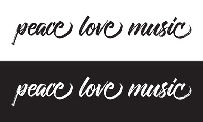 Peace love music. Music one line continuous phrase. Quote of music calligraphy, lettering.  isolated on white and black background. Vector illustration. EPS 10