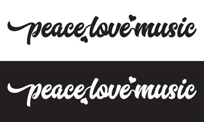 Peace love music. Music one line continuous phrase. Quote of music calligraphy, lettering.  isolated on white and black background. Vector illustration. EPS 10