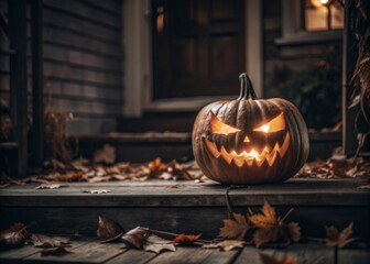  Jack-o’-Lantern with a Scary Face A glowing jack-o’-lantern with an intricately carved, terrifying face, sitting on a porch surrounded by autumn leaves.