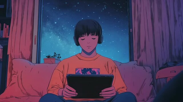 An anime boy with short hair and headphones sits on a sofa, holding a tablet. The night sky is visible through the window. 80s anime style, cel shading, seamless loop, lofi animation.