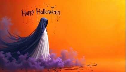 Halloween scene with ghostly figure, swirling purple mist, and Happy Halloween text on bright orange background, provides ample space.