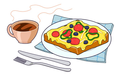 ピザトーストとコーヒーのイラスト