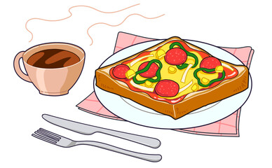 ピザトーストとコーヒーのイラスト