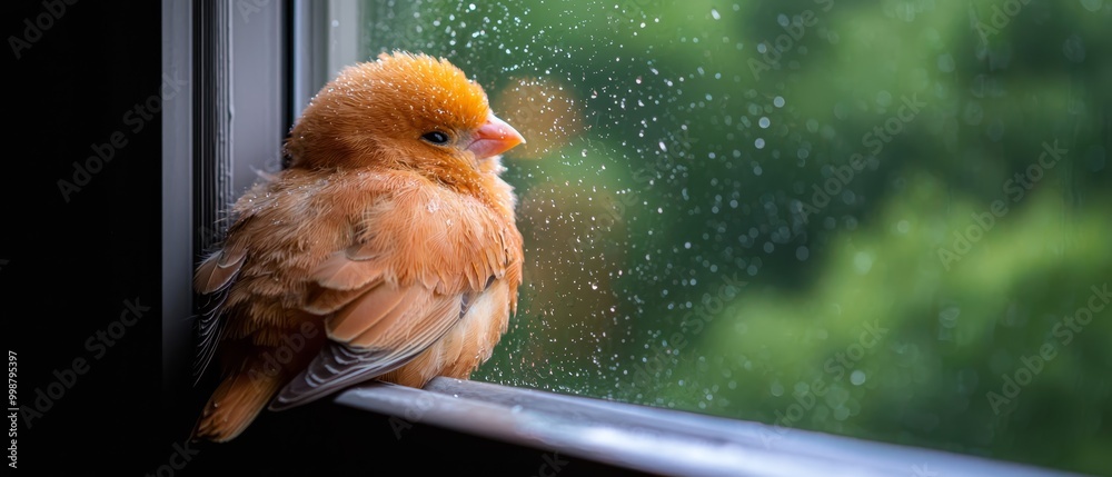 Wall mural  A bird perched near a window, raindrops hitting the glass behind it, trees outside framed in the background