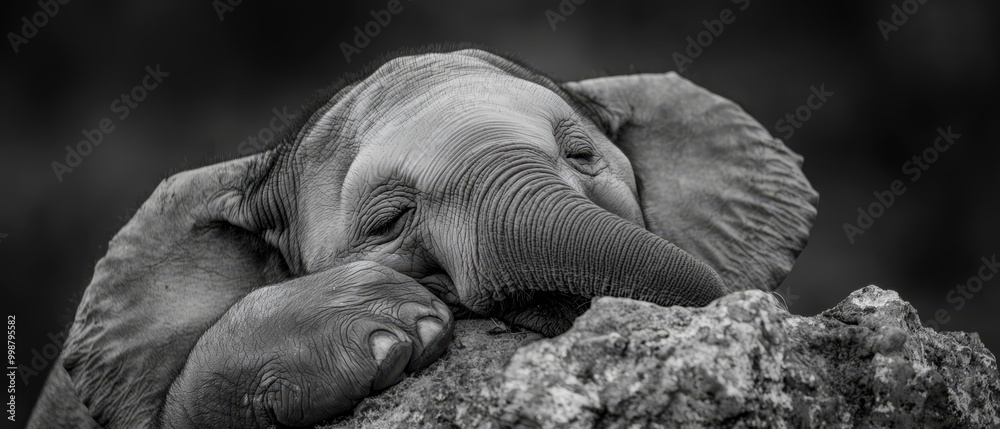 Wall mural  A black-and-white image of an elephant resting its head on a rock, its trunk curled against its face