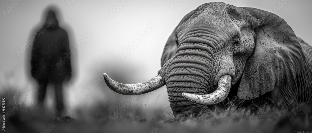 Poster an elephant with curled tusks stands, a man is in the background