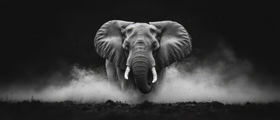  A black-and-white image of an elephant with its tusks curving backward from its rear end