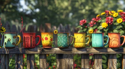 Colorful Hand-Painted Mugs on Rustic Fence in a Garden Setting
