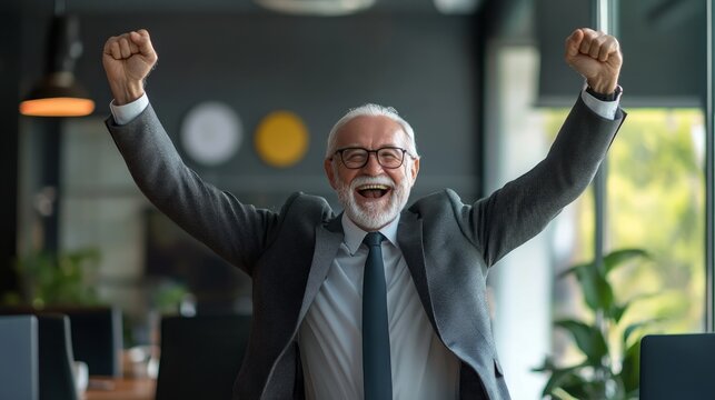 old businessman celebrating succeed winner exited with arms raised victory business compettition goal celebrate prize positive attitude smile laugh joyful moment in office 