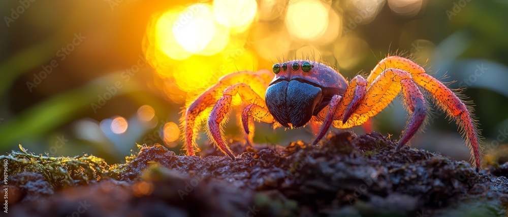 Canvas Prints  A tight shot of a spider on mossy ground Sunlight filters through tree backs