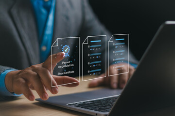 Businessman hand touching certificate for online test, choose correct answer in exam, concept of assessment, filling out form, certificate and managing digital document online on laptop computer