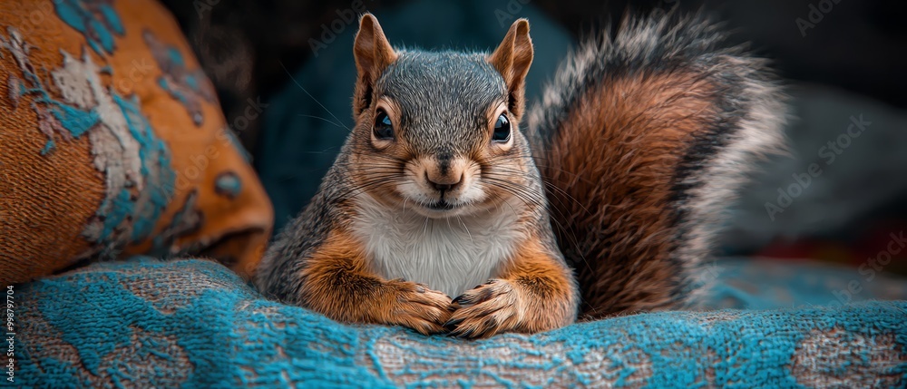 Poster  A tight shot of a squirrel perched on a couch, its back adorned with a blanket, gazing directly at the camera