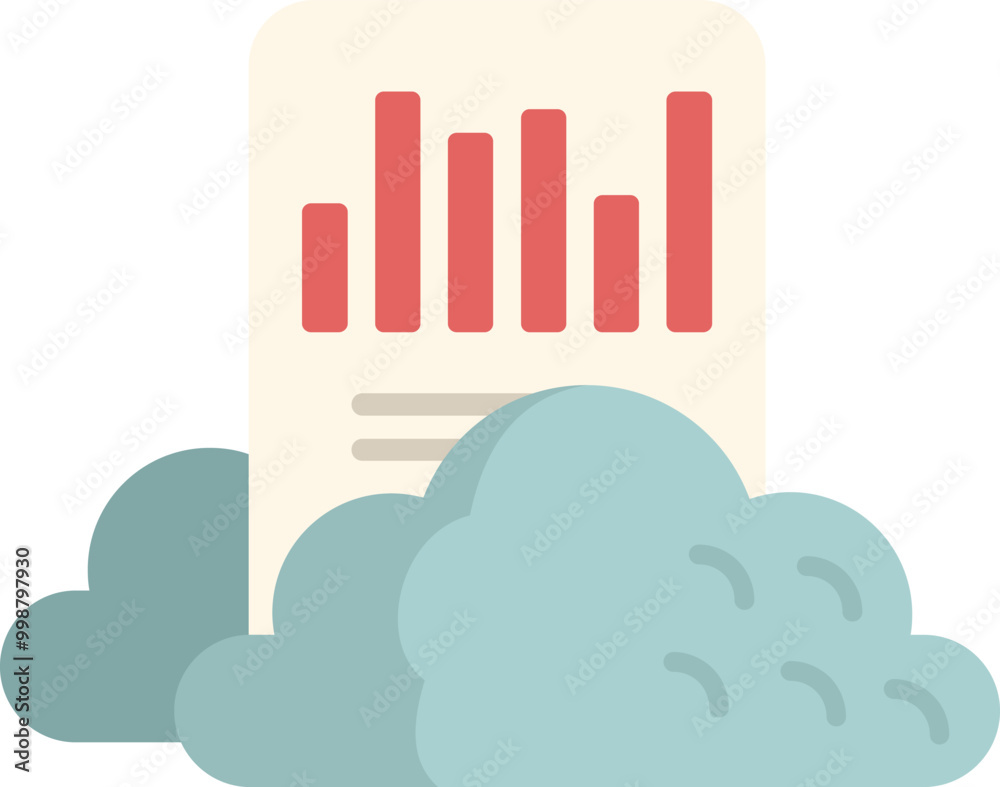 Poster statistical report with a bar graph is floating on top of a cloud, representing cloud computing and 
