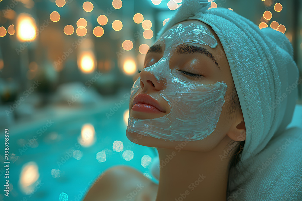 Sticker A woman relaxing in a spa with a face mask on, representing wellness and self-care.