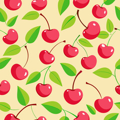 Seamless cherry pattern design with green leaves on a light yellow background