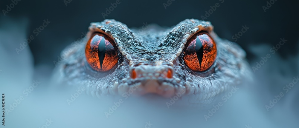 Canvas Prints bright orange eyes against a black backdrop Blurred, a lizard head edges the frame