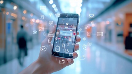 A person uses a smartphone amidst a vibrant, futuristic cityscape, with holographic data overlays highlighting technology and connectivity.