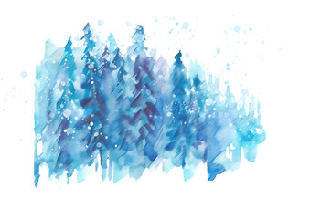 Watercolor group of trees - fir, pine, cedar, fir-tree. Blue, winter forest, landscape, forest landscape. Drawing on white isolated background. Blurred Spot in Design. Trendy Art Postcard